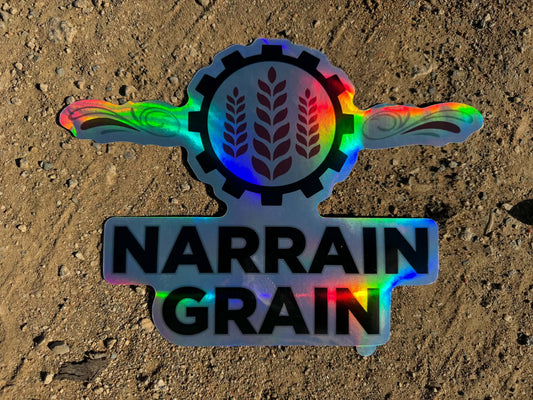 Narrain Grain holographic sticker with cog and wheat logo