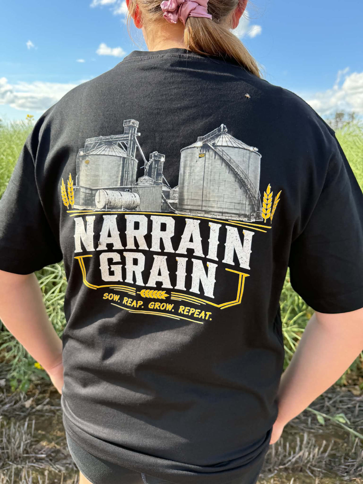 black back view of Narrain Grain Silo Edition T-shirt