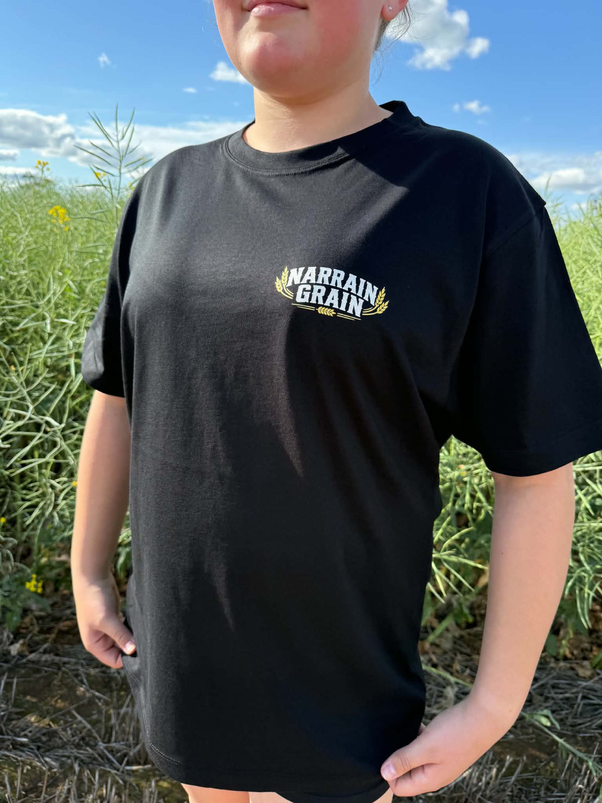 black front view of Narrain Grain Silo Edition T-shirt