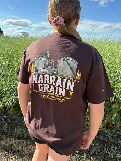 brown back detail view of Narrain Grain Silo Edition T-shirt