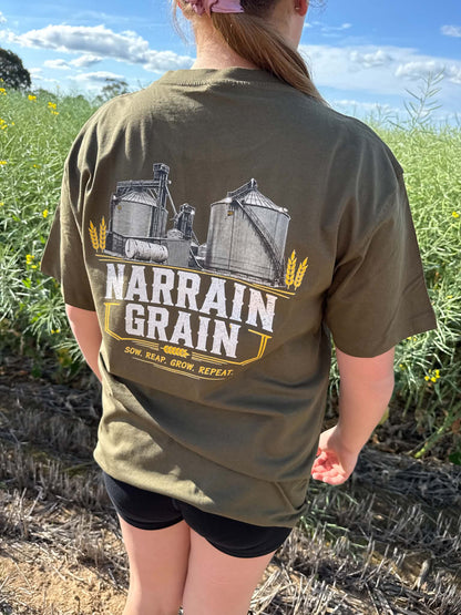 olive back detail view of Narrain Grain Silo Edition T-shirt