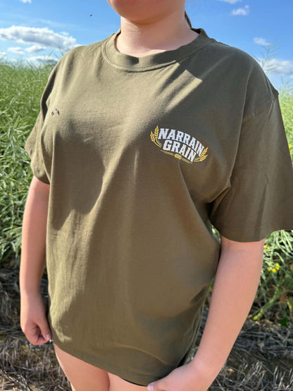 olive front view of Narrain Grain Silo Edition T-shirt